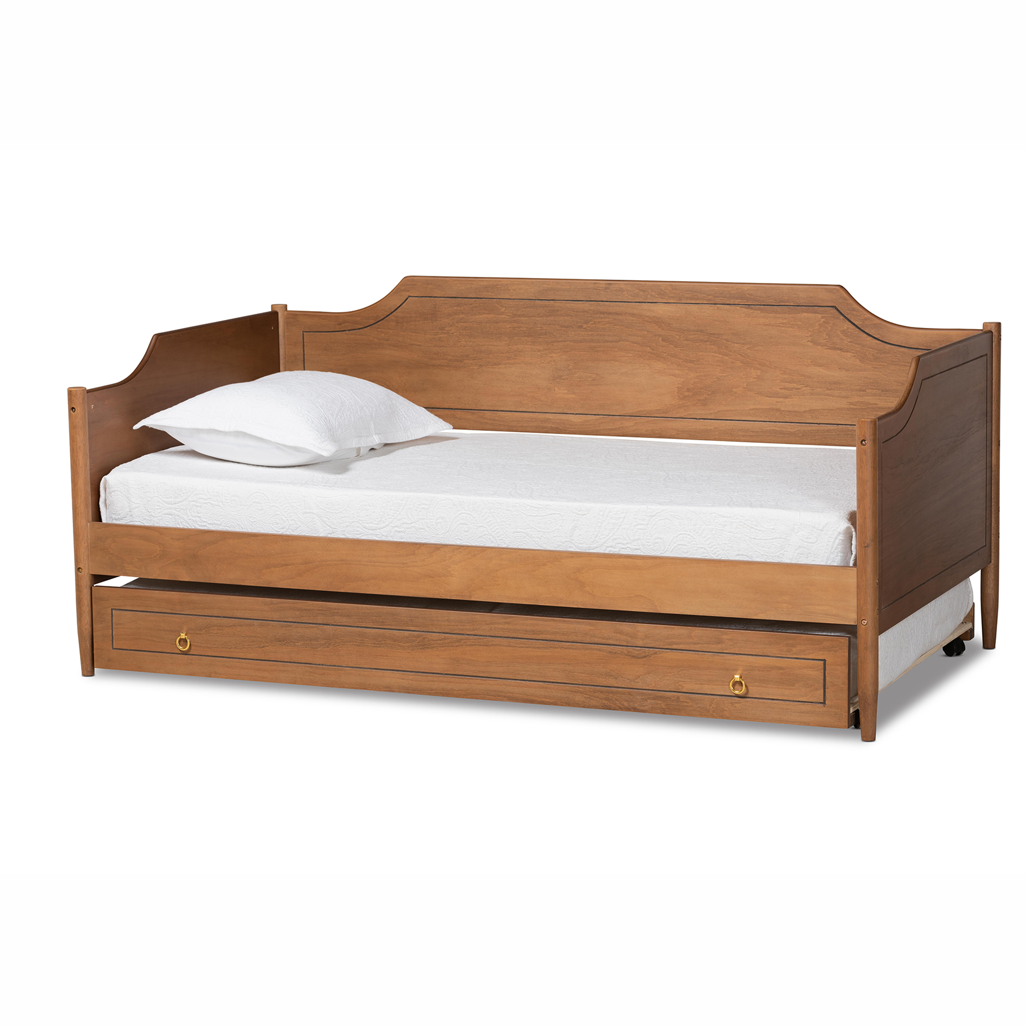 Baxton Studio Alya Classic Traditional Farmhouse Walnut Brown Finished Wood Twin Size Daybed with Roll-Out Trundle Bed Affordable modern furniture in Chicago, classic bedroom furniture, modern twin size, cheap twin size